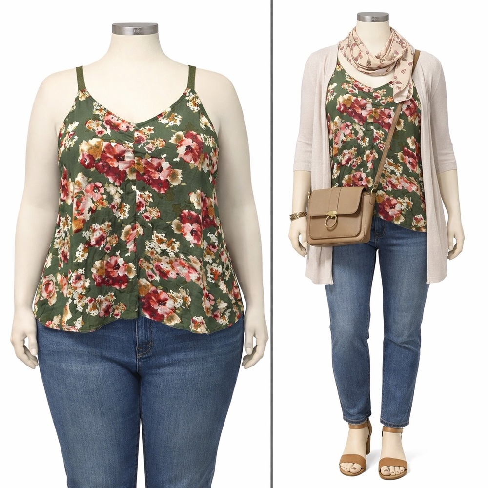 Bobeau Floral Camisole Tank Top | Green Red Floral | Size 1X